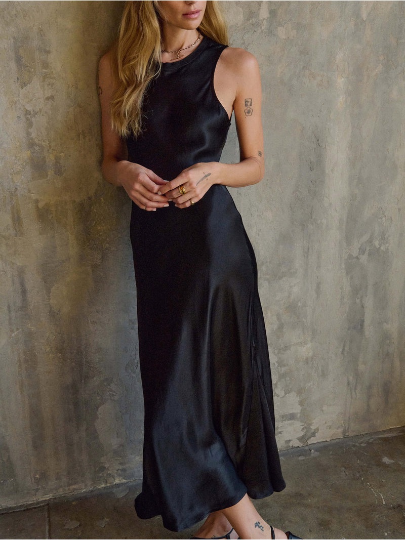Nation Los Angeles Dulce Midi Dress Black Bias Cut Slip Dress Size Large Nwt